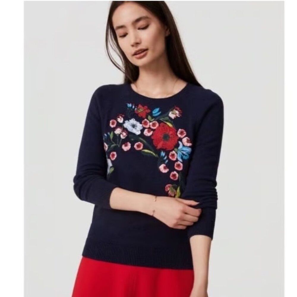 Loft Ann Taylor Embroidered Floral Navy Sweater